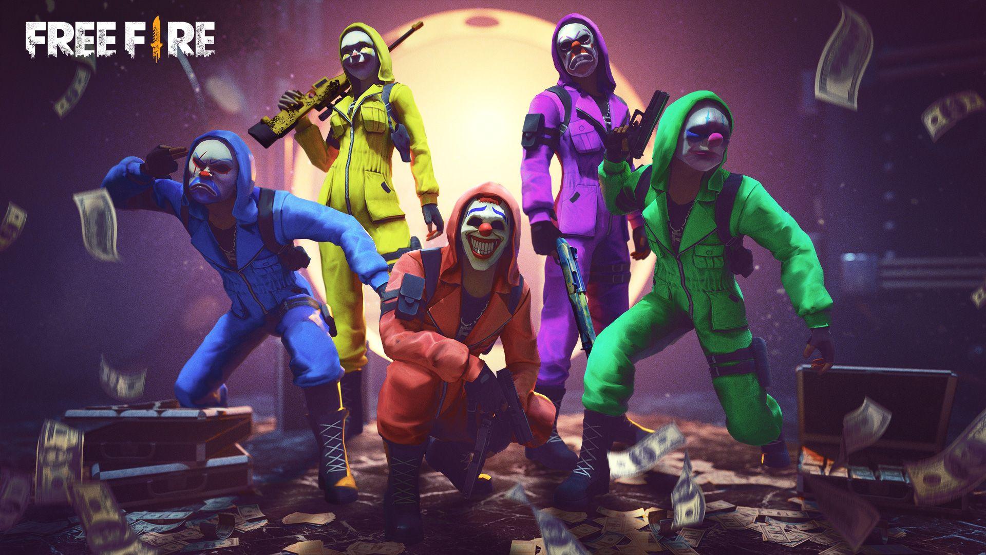Personagens de Free Fire com macacões coloridos e máscaras, cercados de dinheiro